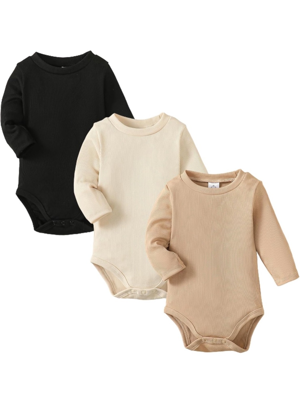 Ribbed Long Sleeve Baby Bodysuits 12–18M Neutral 3 Pack